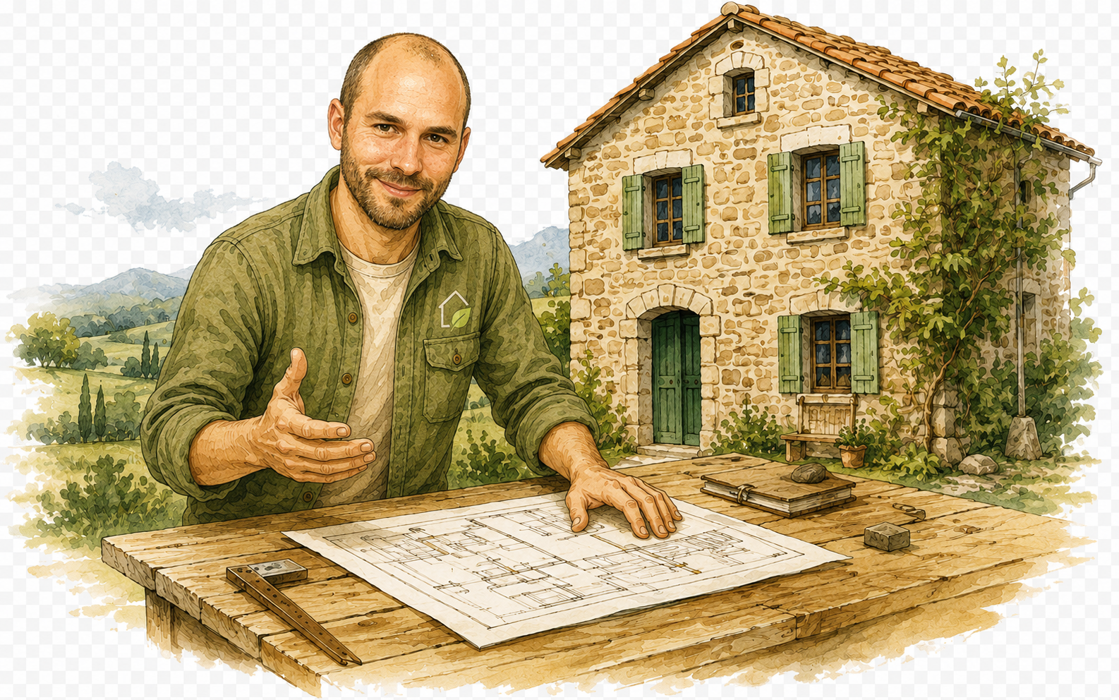 Artisan Eco Rénov 31 devant une maison ancienne.